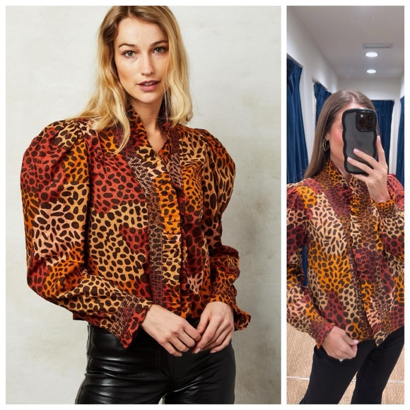 Love The Label Anthropologie Zuri Top Dotted Leopard Ruffle Button Shirt L - Picture 2 of 15